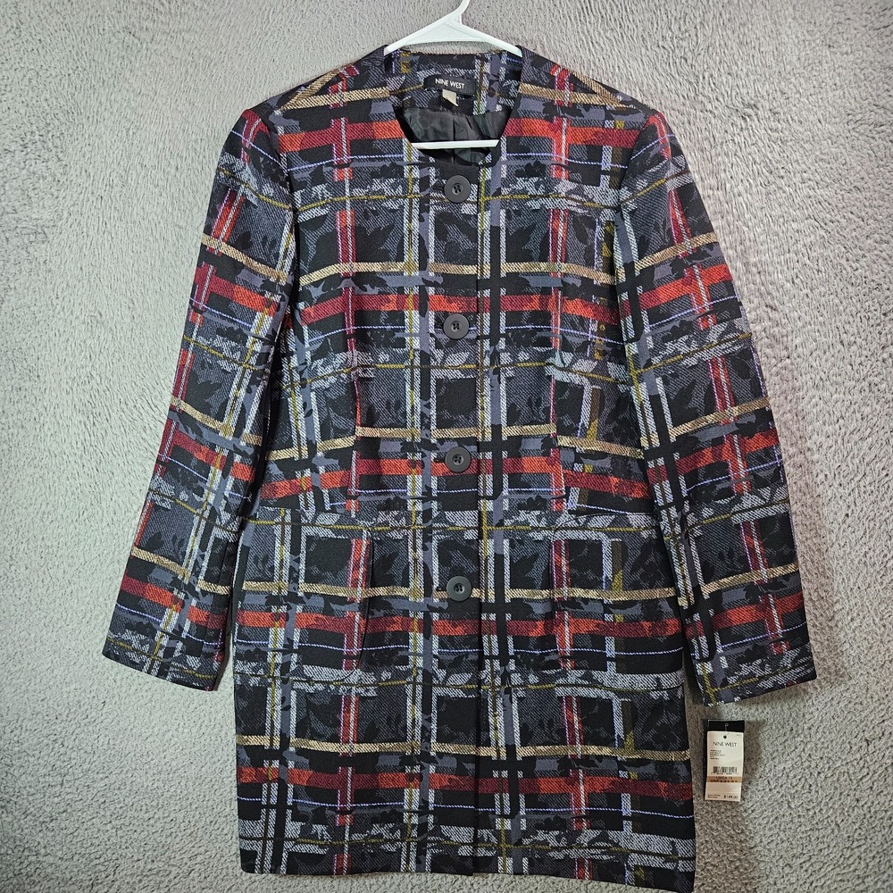 $149 NEW Nine West Overcoat Jacket Size 12 Button Up Geometric Print Multicolor